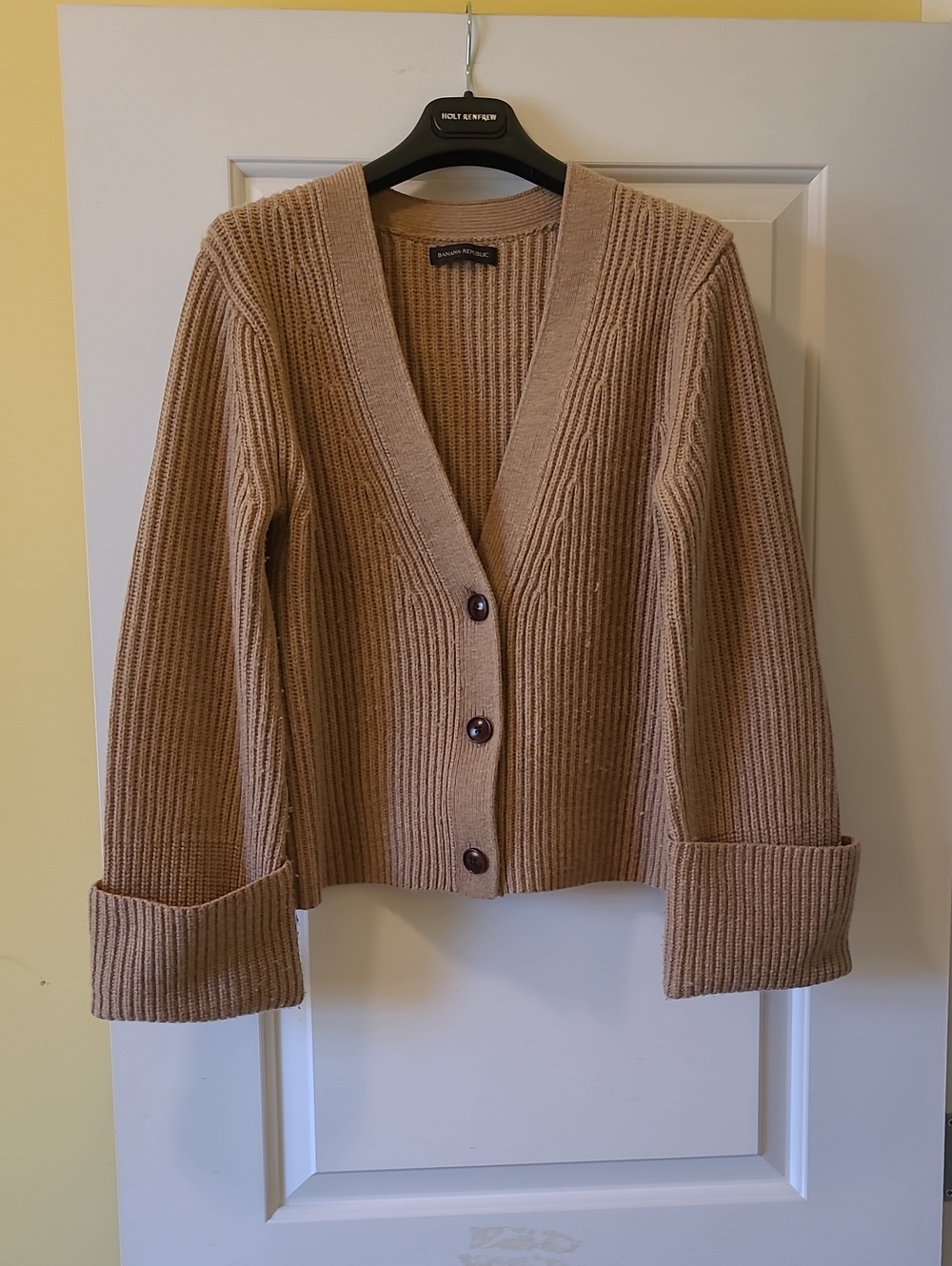 Banana Republic Camel Ribbed V-Neck Button Cardigan Merino Cashmere